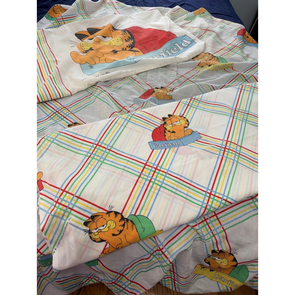 Marlborough Garfield Bed Sheet Set Kids Twin White Rainbow Plaid Vintage 1978